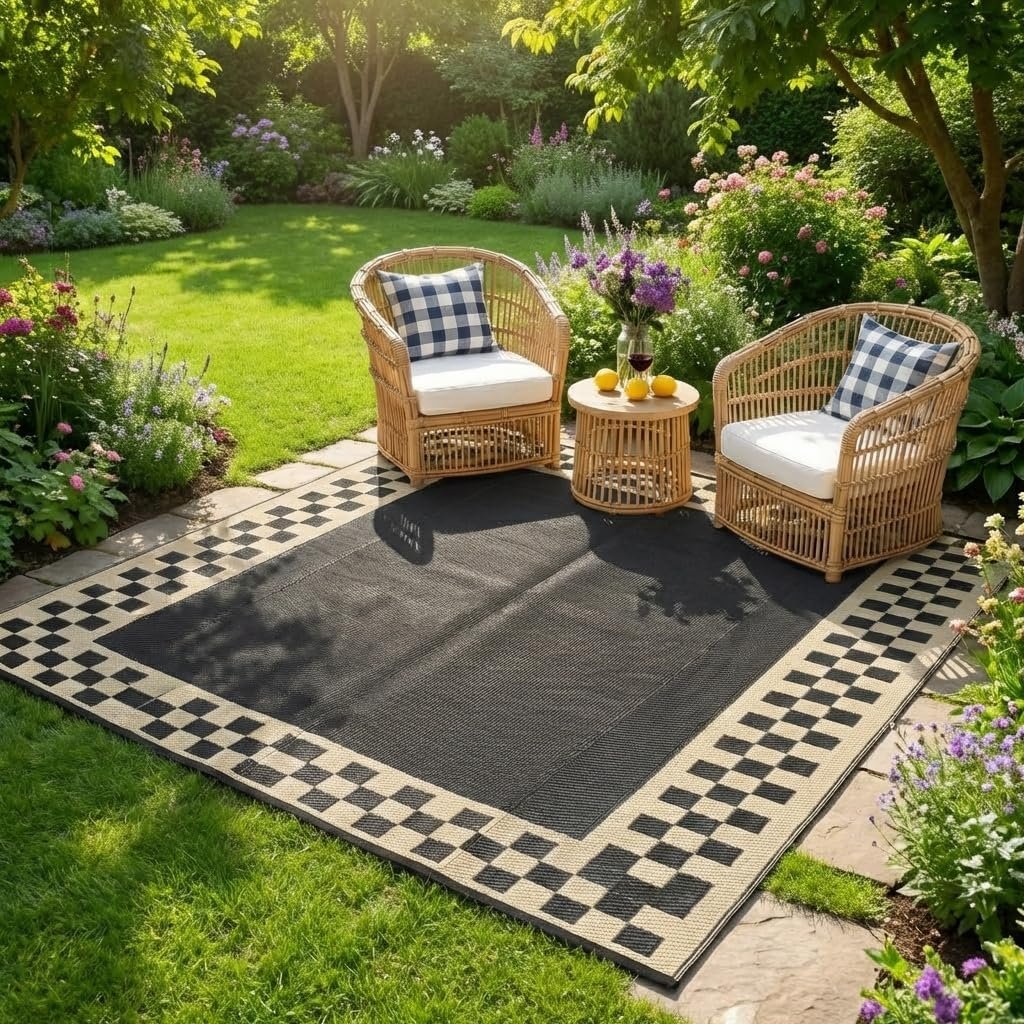Modern Geometric Waterproof Patio Rug (Black/Coffee)