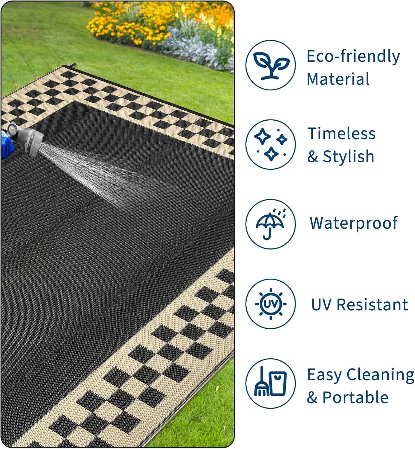 Large Fade-Resistant RV Camping Rug (Black/Beige) - Image 2