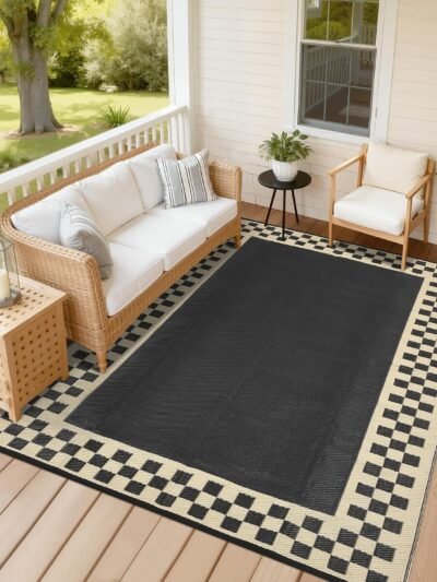 Large Fade-Resistant RV Camping Rug (Black/Beige)