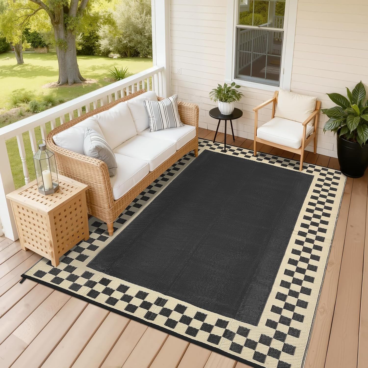 Large Fade-Resistant RV Camping Rug (Black/Beige)