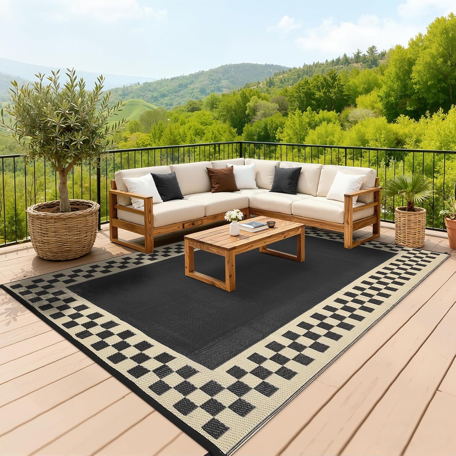 Modern Geometric Waterproof Patio Rug (Black/Coffee) - Image 2