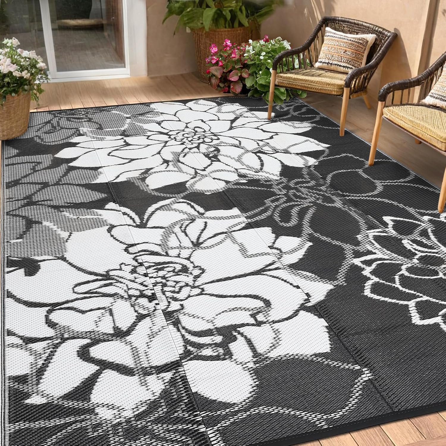 Lightweight Recycled Plastic Camping Rug (Black/White) - Image 2