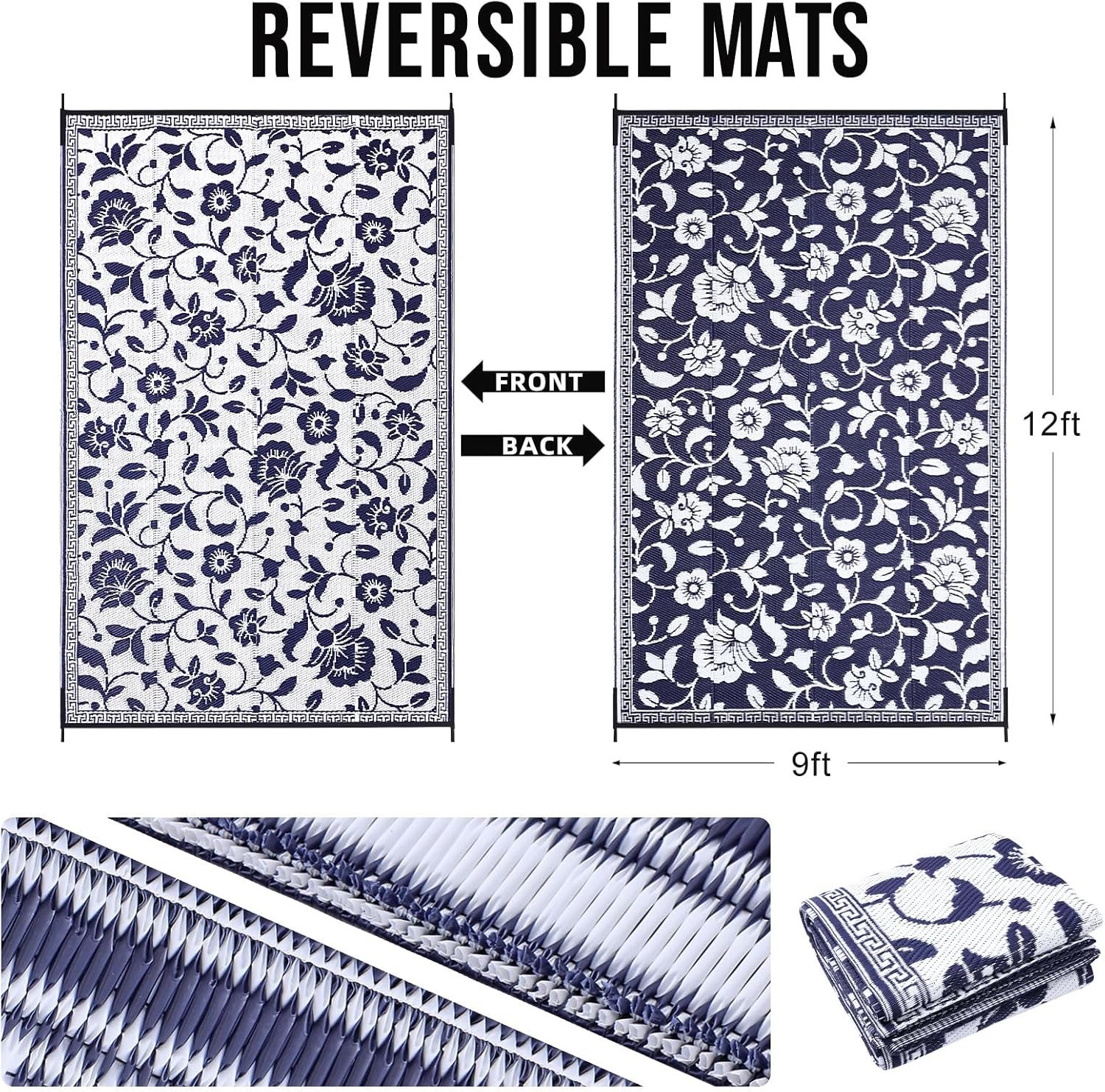 Flower Pattern Reversible RV Mat (Navy/White) - Image 2