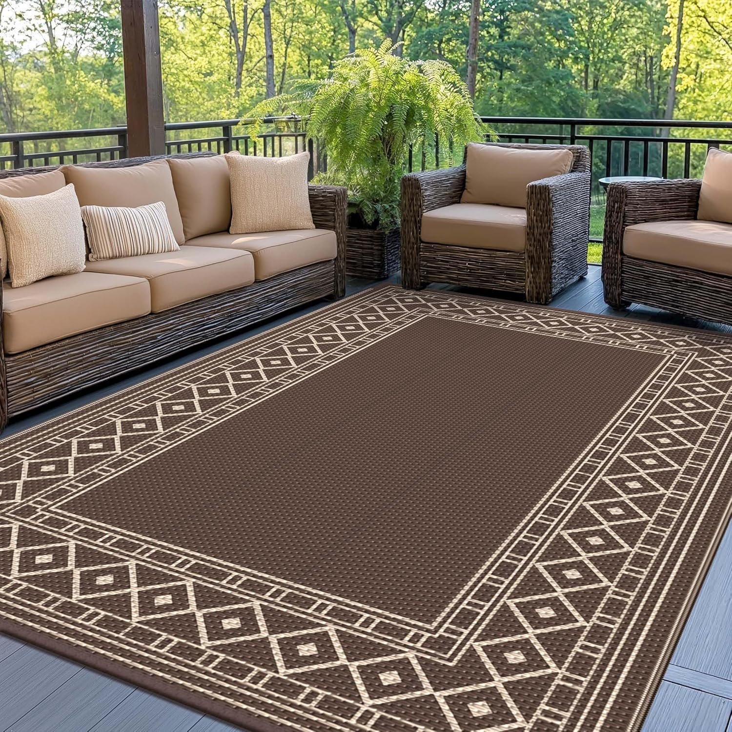 Foldable Reversible Patio Rug (Coffee/Beige)