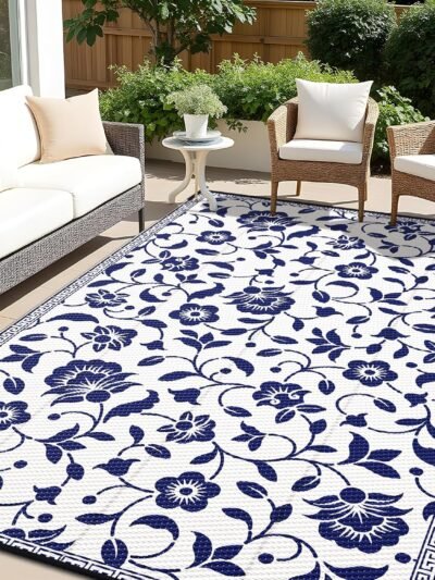 Flower Pattern Reversible RV Mat (Navy/White)