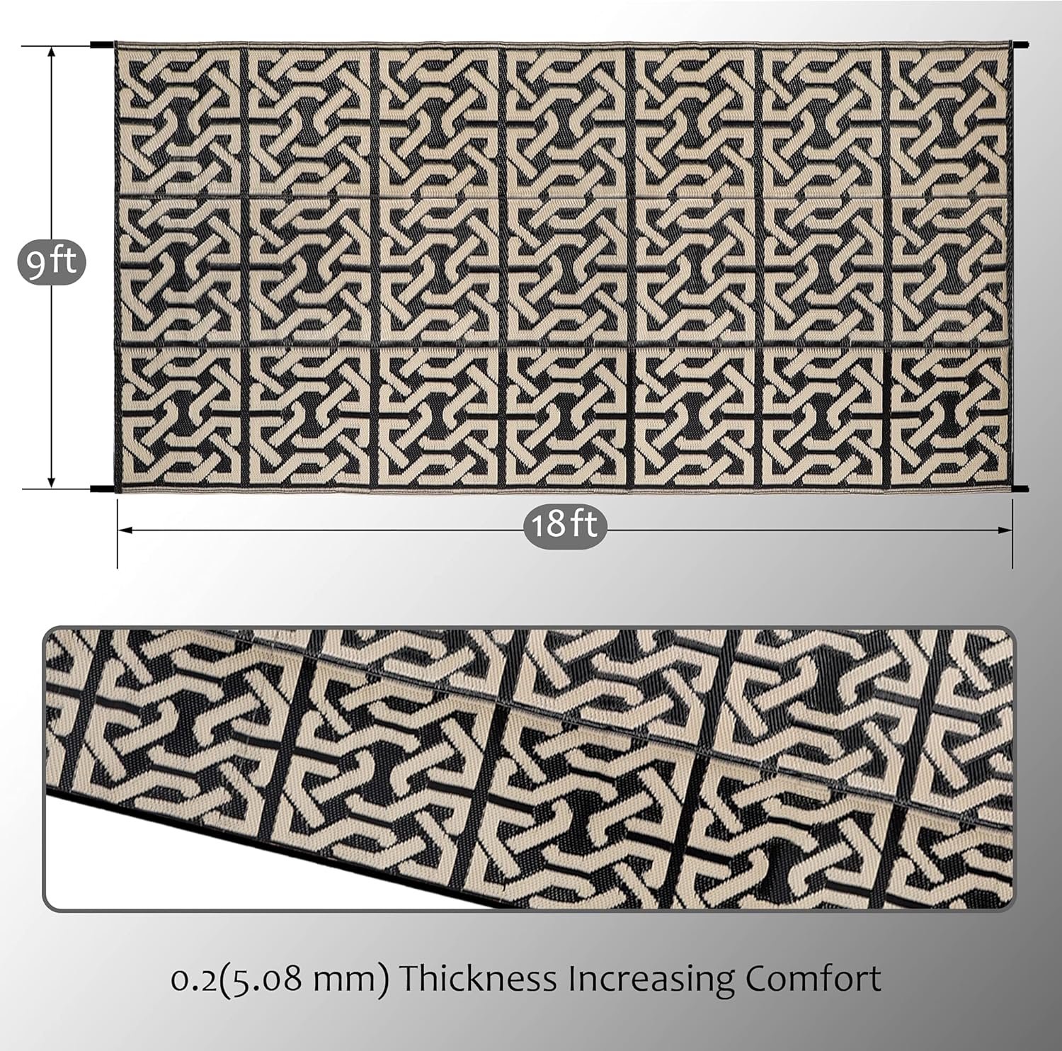 Large Reversible Plastic Straw Rug (Black/Beige) - Image 2